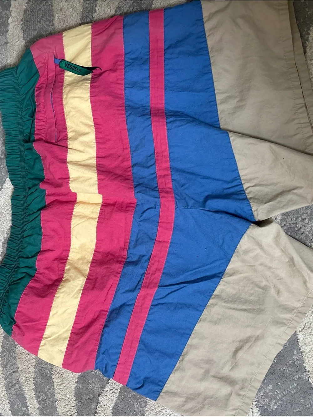 Multicolor Striped Men's Swim Trunks — Green, Pink, Yellow, Blue, Tan